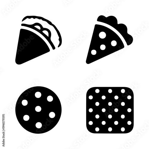 Simple black and white icons of pizza taco and cookie food items