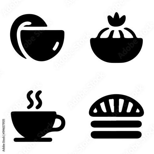 Simple black icons depicting a cup of coffee soup and a burger