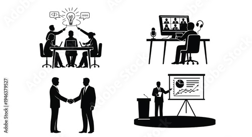 Business professionals collaborating and presenting ideas in a modern office setting