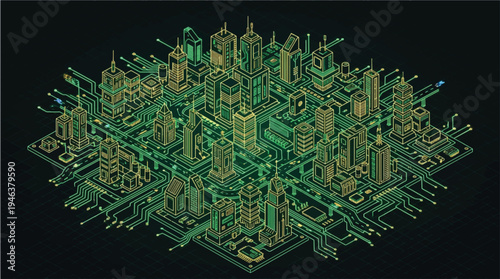 Isometric Smart City Vector Illustration with Green Circuit Board Network and Modern Skyscrapers on a Dark Background, Representing Digital Urbanization and Technology