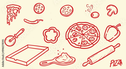 Hand Drawn Pizza Ingredients and Tools Collection for Culinary Design