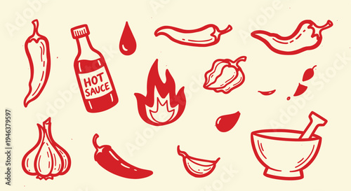 Spicy ingredients and hot sauce collection for cooking and culinary themes