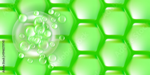 Hyaluronic acid and Niacinamide skin solutions ad, green collagen serum drops into skin cell with cosmetic advertising background ready to use, illustration vector.