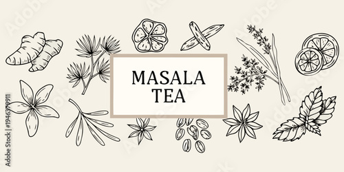 Botanical illustration of spices and herbs surrounding the word masala tea