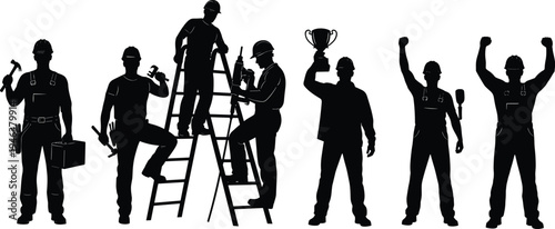 Black silhouettes of construction workers and contractors with tools ladder and trophy isolated on white background for industrial success and labor concepts