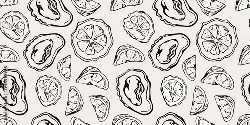 Repeating pattern of hand drawn oyster shells with detailed interior lines