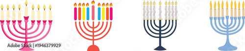 Hanukkah menorah candle icon set vector, jewish holiday symbol light flame tradition religion celebration festival design isolated graphic element set collection group for web app print.