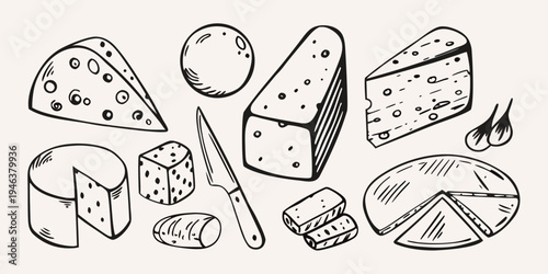 Hand drawn illustration featuring various types of cheese and a knife