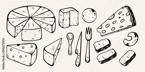 A hand drawn illustration of various cheeses cutlery and dairy products