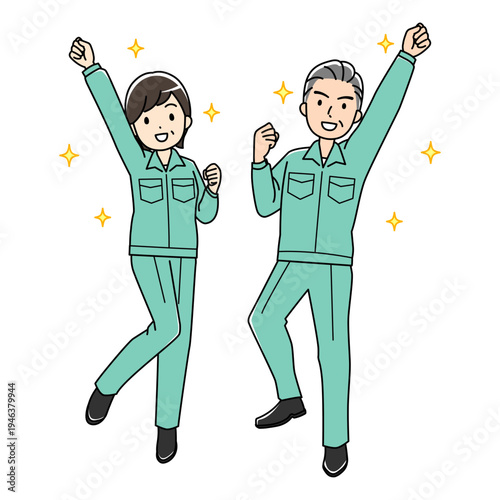 作業着姿の元気なベテラン男女のカラーイラスト（帽子なし）