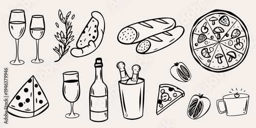 A collection of hand drawn food and drink illustrations in black and white