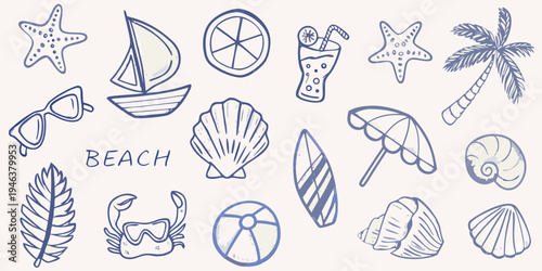 Hand drawn summer icons including seashells a boat and tropical elements