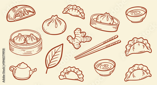 Hand Drawn Chinese Dumplings and Dim Sum Food Collection with Ginger and Tea Set