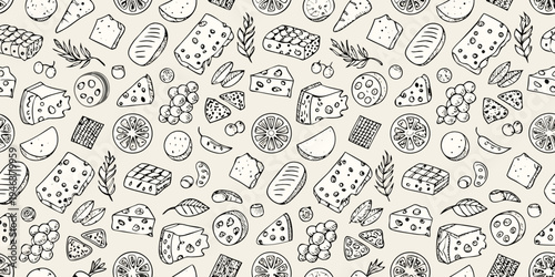 A seamless pattern of various cheeses fruits and herbs in sketch style