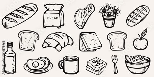 A hand drawn collection of breads breakfast foods and simple kitchen items