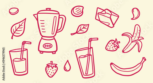 Hand drawn smoothie ingredients and blender with glasses of juice and fruit on a light background