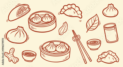 Hand drawn illustration of asian dumplings and dim sum with chopsticks and dipping sauce