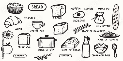 Hand drawn illustrations of breakfast items bakery goods and kitchen objects