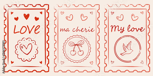Three red hand drawn postage stamps with romantic phrases and imagery