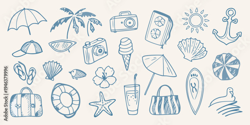 A collection of hand drawn summer vacation and beach themed doodles