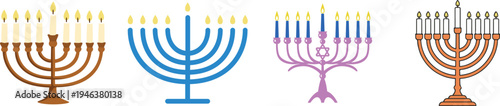 Hanukkah menorah candle icon set vector, jewish holiday symbol light flame tradition religion celebration festival design isolated graphic element set collection group for web app print.