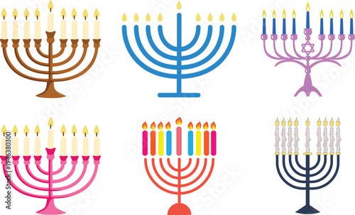 Hanukkah menorah candle icon set vector, jewish holiday symbol light flame tradition religion celebration festival design isolated graphic element set collection group for web app print.