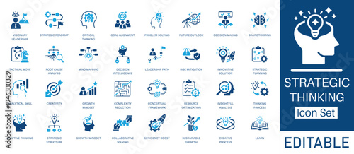 Strategic Thinking and Problem Solving solid icon set. Featuring Growth Mindset, Critical thinking, Decision Intelligence,and Brainstorming. Vector icons for strategy consulting and executive coaching