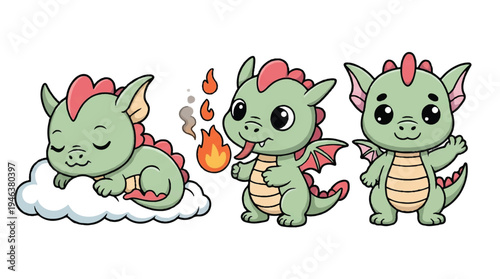 cartoon green dragons in different poses on white background