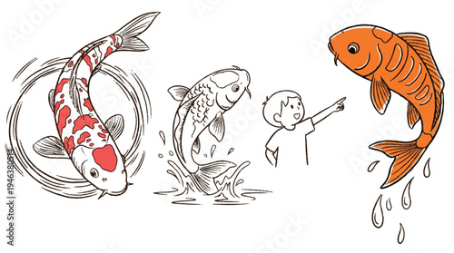 cartoon illustration of a boy pointing at big fish