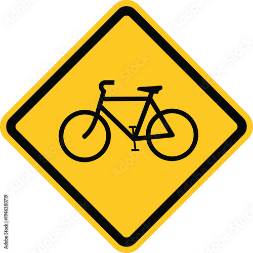 A yellow bicycle road sign icon and vector illustration of a cycling symbol on a white background for traffic warning and bike path transport design