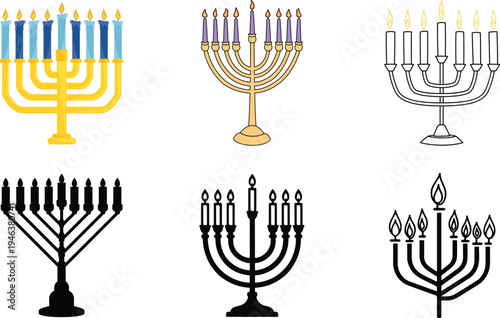Hanukkah menorah candle icon set vector, jewish holiday symbol light flame tradition religion celebration festival design isolated graphic element set collection group for web app print.