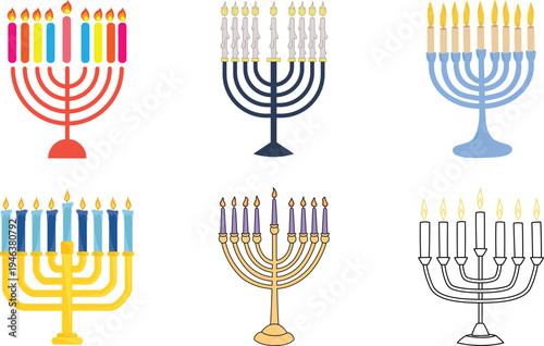 Hanukkah menorah candle icon set vector, jewish holiday symbol light flame tradition religion celebration festival design isolated graphic element set collection group for web app print.