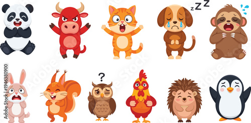 Animal Emotions Icon Set with Cute Characters Displaying Happiness, Sadness, Anger, Surprise, Sleepiness, and More