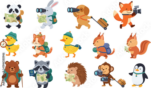 Adventure Animals Icon Set with Hiking, Travel, Exploration, and Nature Activities for Kids
