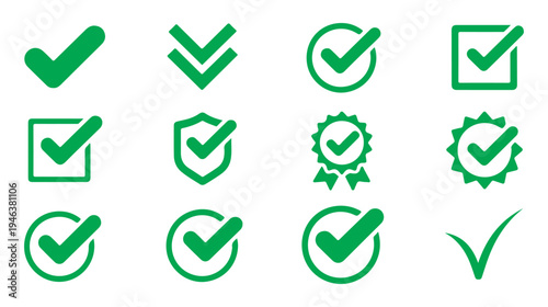 Green check mark icon set with various shapes such as circles squares shields and award ribbons for choice