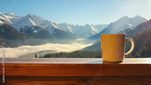 Coffee Cup on Wooden Ledge Overlooking Scenic Snowy Mountain Valley, 4K video