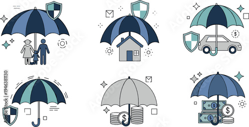 Insurance protection icons with umbrella covering family, house, car and money, modern safety and financial security illustration set