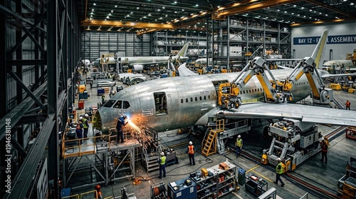 Large aircraft assembly line inside aviation factory with workers building airplane fuselage, aerospace manufacturing industry concept.