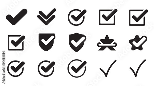 Collection of flat design check mark icons in solid black style representing approval and completion on white