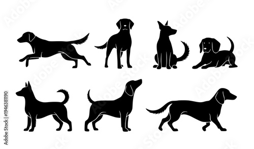 Six black dog silhouette icons with different pet poses including running standing and sitting vector collection