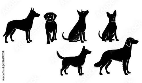 Six dog silhouettes vector set with different canine poses standing sitting and walking isolated on white background