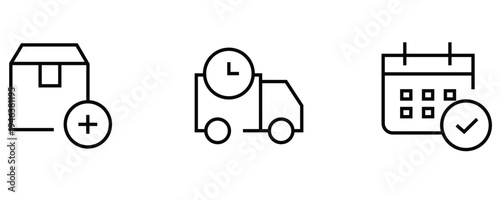 Logistics delivery icons vector set, e-commerce shipping and scheduling graphic, isolated box truck calendar symbol, minimal line art order tracking pack, warehouse distribution UI UX element