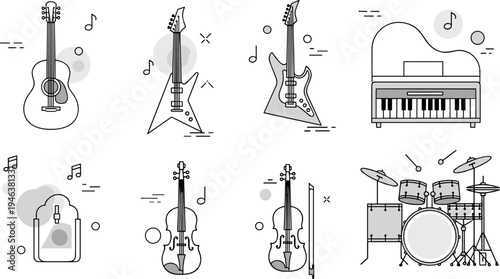 Line art music instrument icon set featuring acoustic guitar, electric guitar, violin, piano, drum set and microphone with musical notes vector illustration