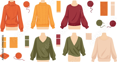 Knitted sweaters and yarn color palette collection cozy winter clothing fashion design vector illustration set
