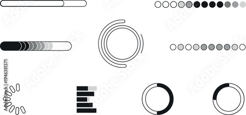 Loading progress indicators and buffering icons collection with circular spinners, bars and dots minimal user interface illustration set