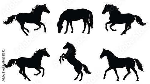Collection of black horse silhouettes in various running poses on white background