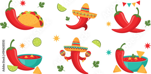Mexican chili pepper and taco fiesta collection with sombrero maracas salsa and lime colorful vector illustration set