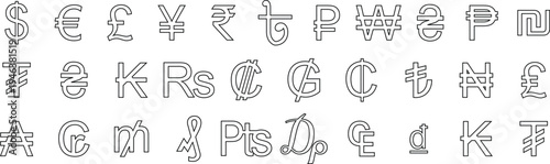 Global currency symbols set in thin line style featuring international money signs for financial transactions and worldwide economic trade markets