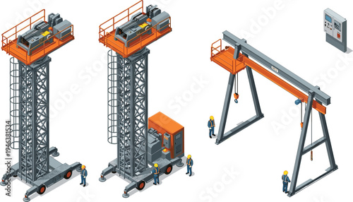 Industrial cranes and lifting hoists isometric vector illustration construction machinery factory equipment engineering heavy industry collection