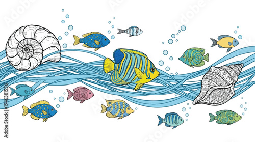 colorful fish and sea creatures swimming in ocean waves